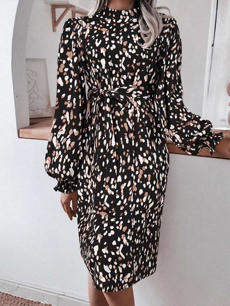 ZANZEA Elegant Leopard Print Sundress 2022 Women O Neck Long Puff Sleeve Party Dress Autumn Holiday Casual Vestidos Belted Robe