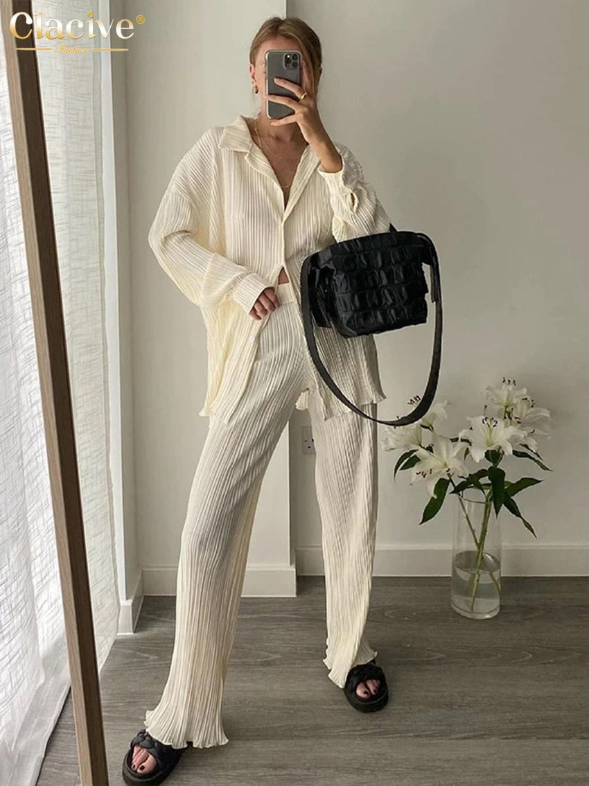 Clacive Causal Loose Home Suit Autumn Long Sleeve Blouse With High Wasit Pants Set Women Elegant Pleated Beige 2 Piece Pant Sets