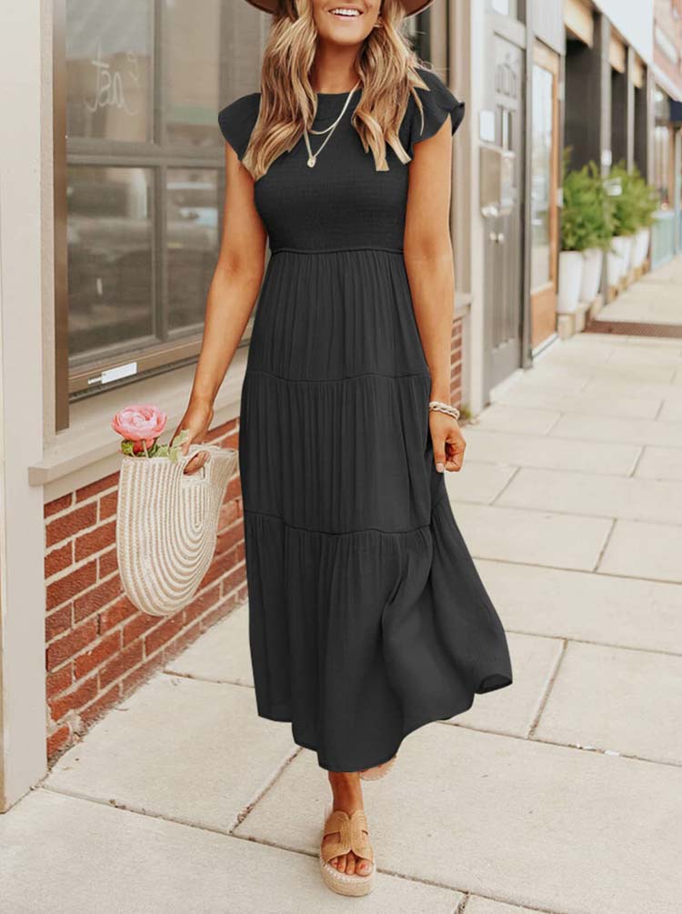 2022 Summer Pleated Dress Women Long Party Dress Ladies Flying Sleeve Fashion Casual A Line Dress For Women