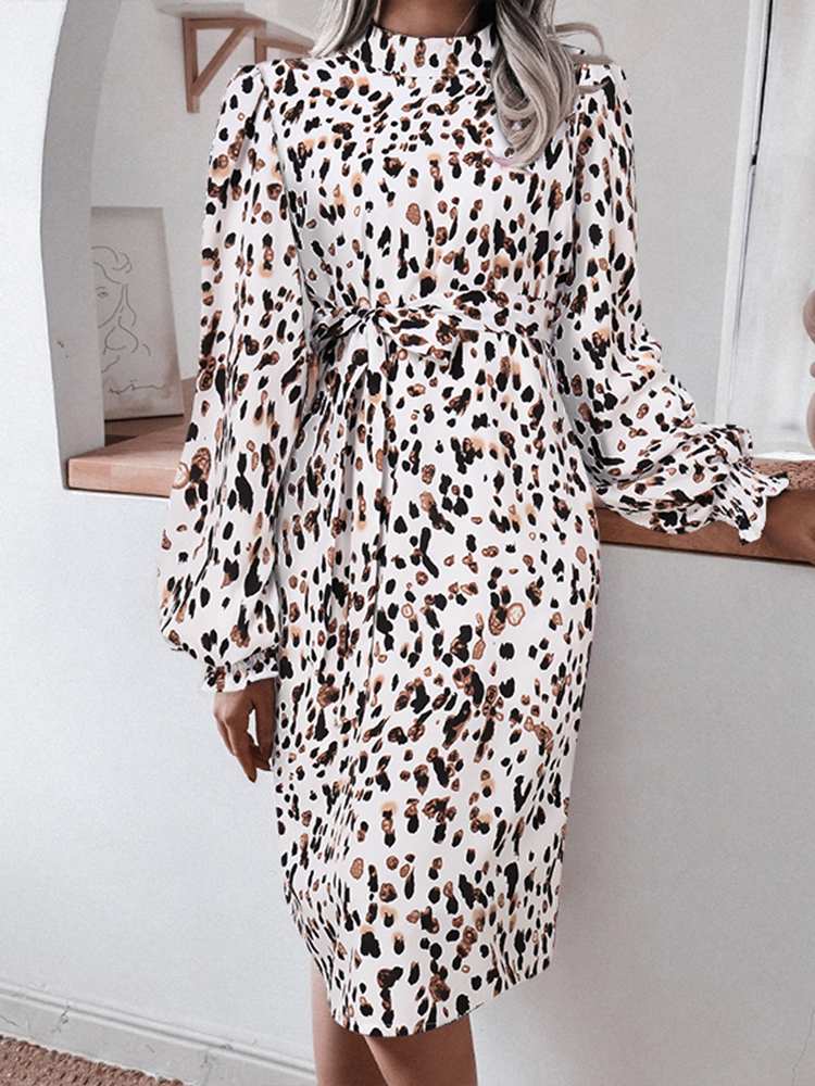 ZANZEA Elegant Leopard Print Sundress 2022 Women O Neck Long Puff Sleeve Party Dress Autumn Holiday Casual Vestidos Belted Robe